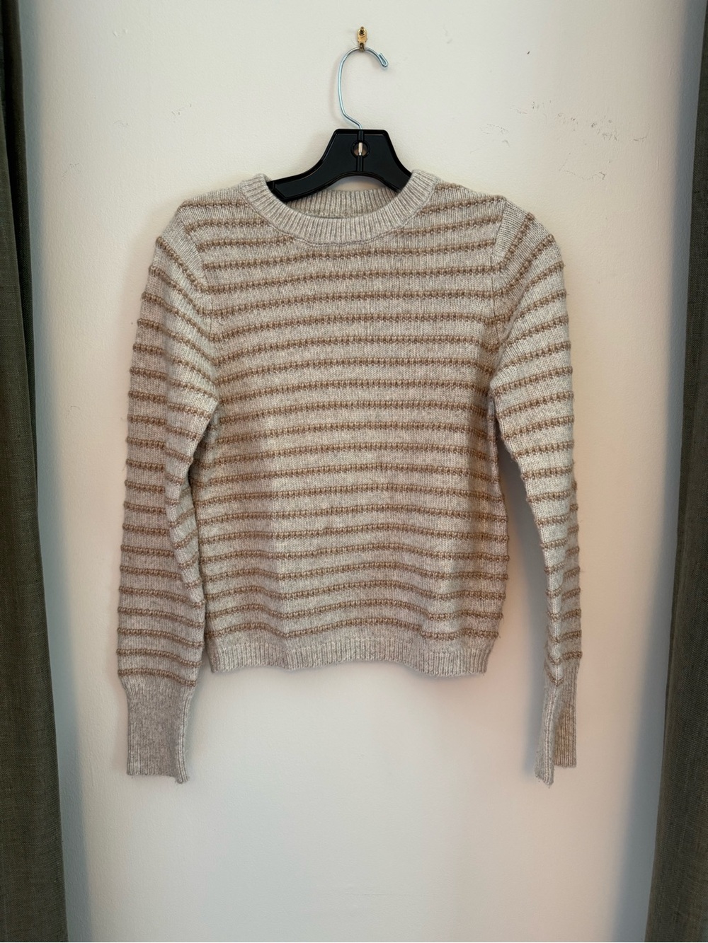 Tahari Cream and Tan Striped Crewneck Sweater